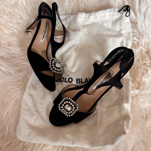 Manolo Blahnik Black Satin and Crystal Embellished Heels T-strap slingback pumps - Picture 2 of 15